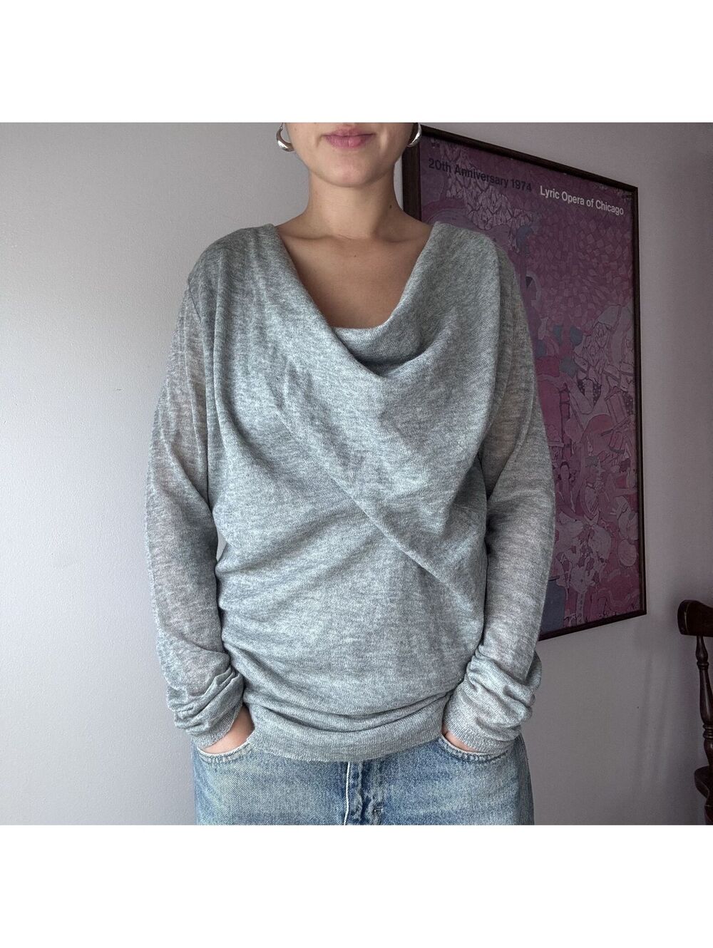 Ann Taylor Gray Lightweight Knit Draped Neck Pullover Sweater Large
